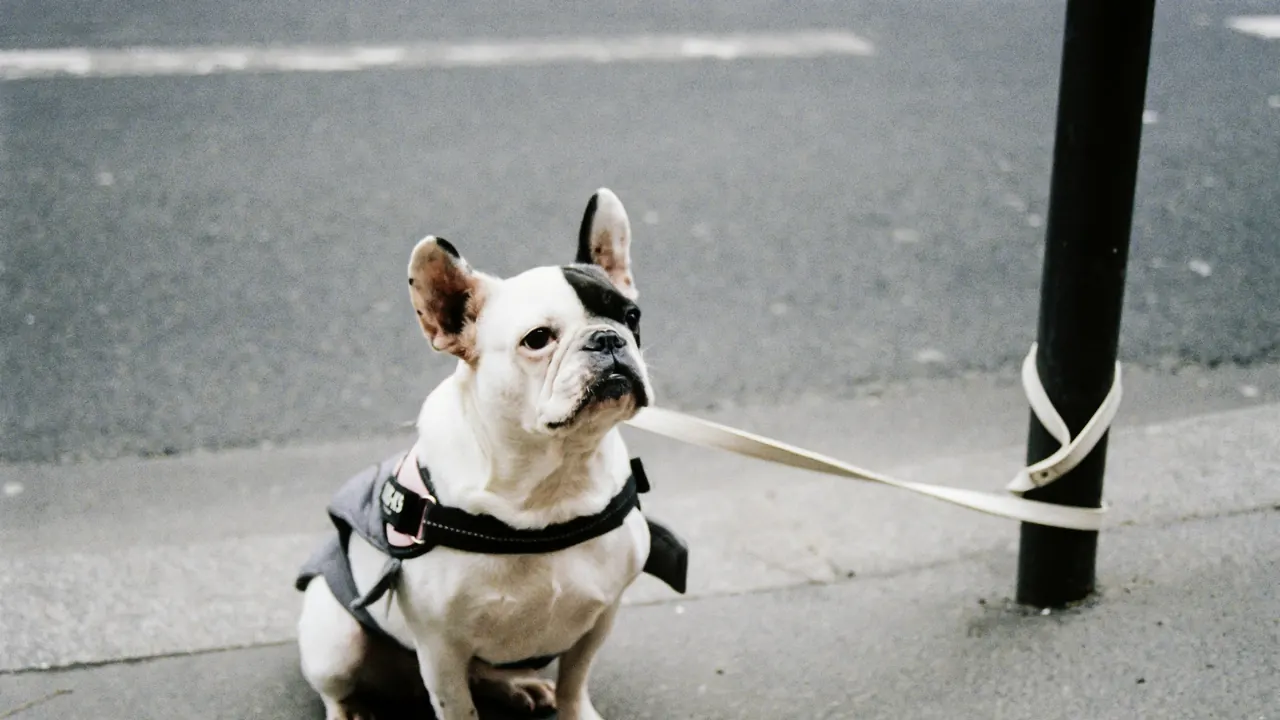 Pied French Bulldog in a harness waiting patiently on a city sidewalk