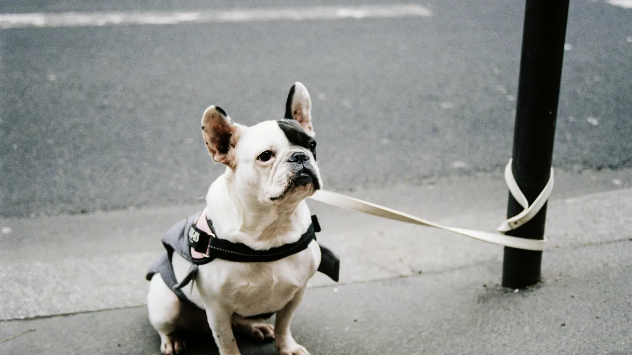 Pied French Bulldog in a harness seated calmly during a downtown walk