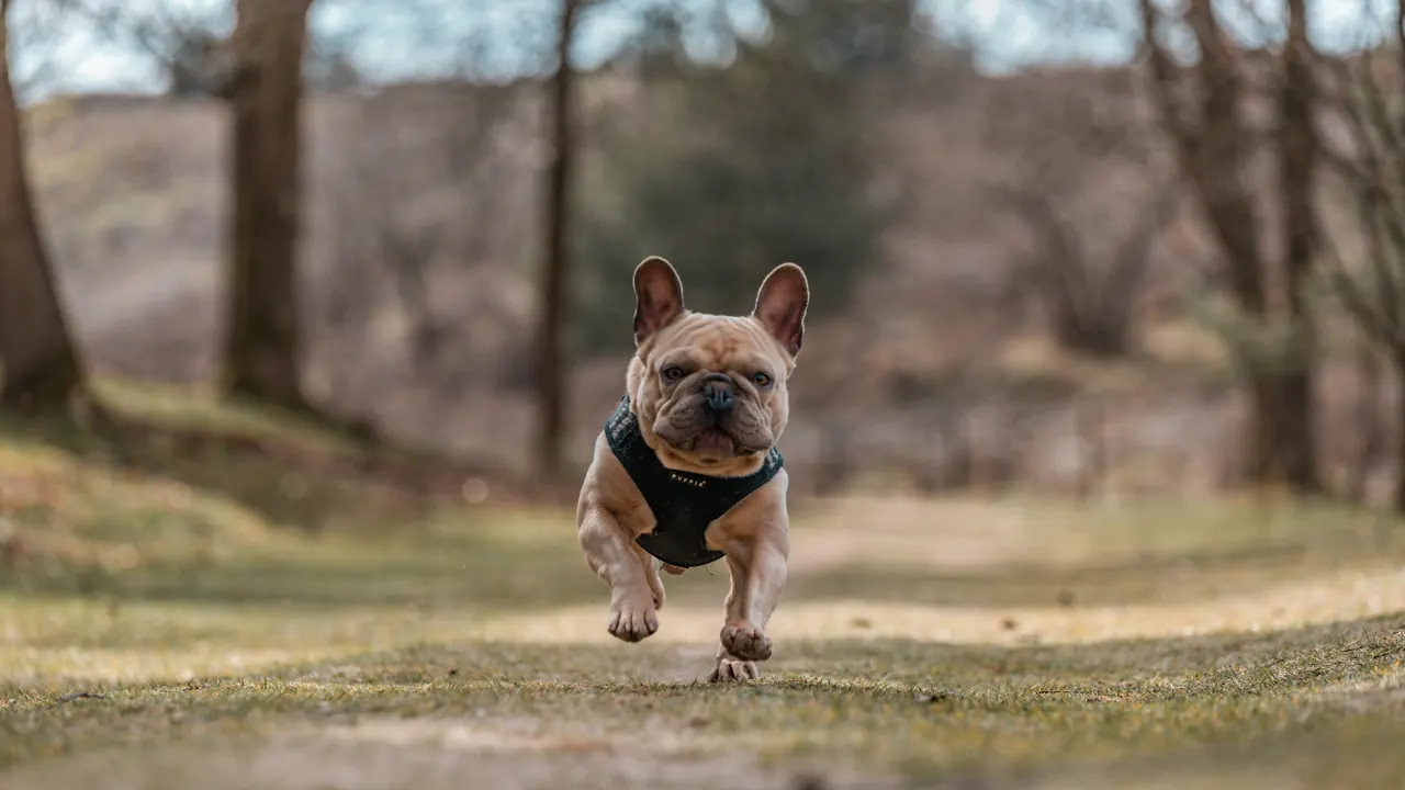 Fawn French Bulldog running toward the camera along a sunlit park path