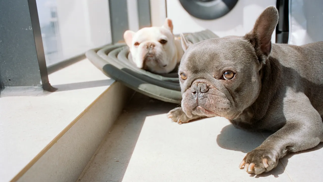 Two adult French Bulldogs, blue and cream, sunbathing together by a balcony window